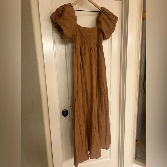 100% linen camel Puff Sleeve Maxi Dress - Picture 2 of 3